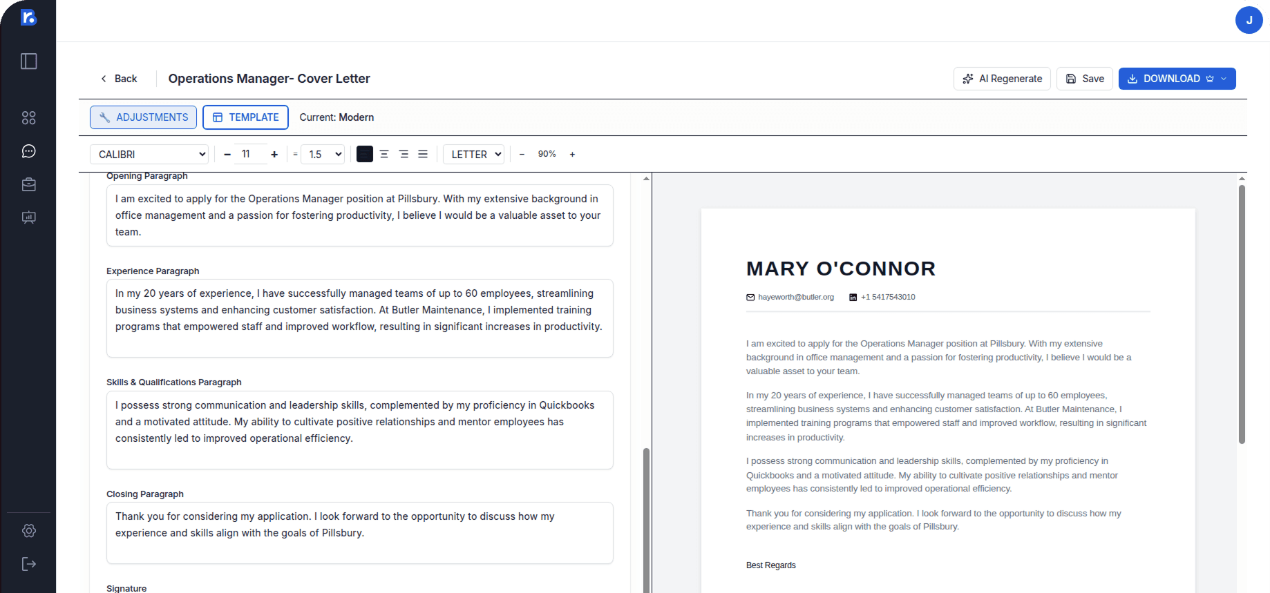 Cover Letter Builder Interface