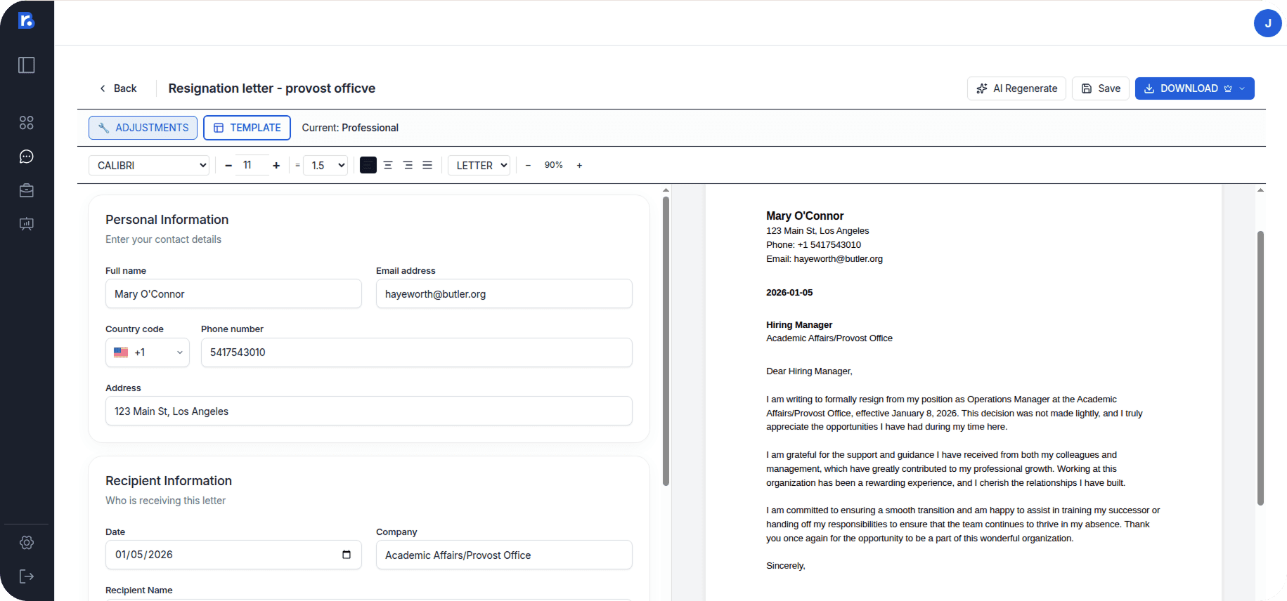 AI-powered resignation letter generation interface