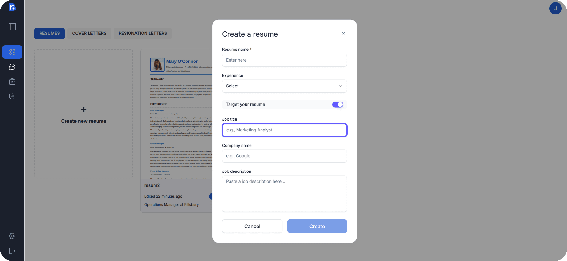 Resume builder interface showing a professional resume