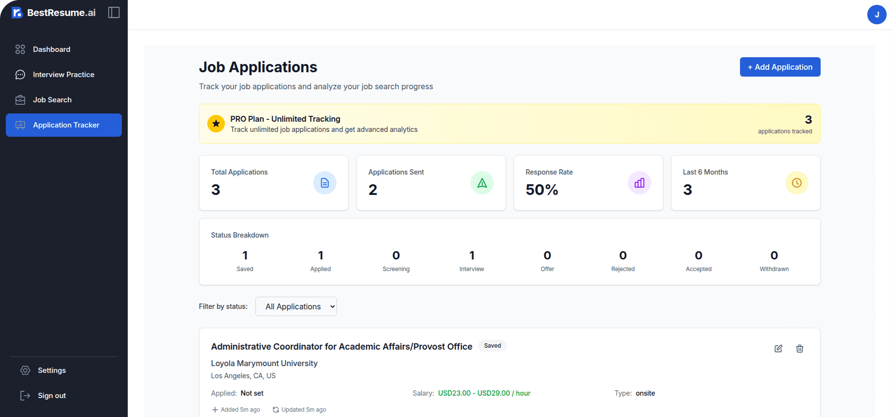 Job Application Tracker Interface