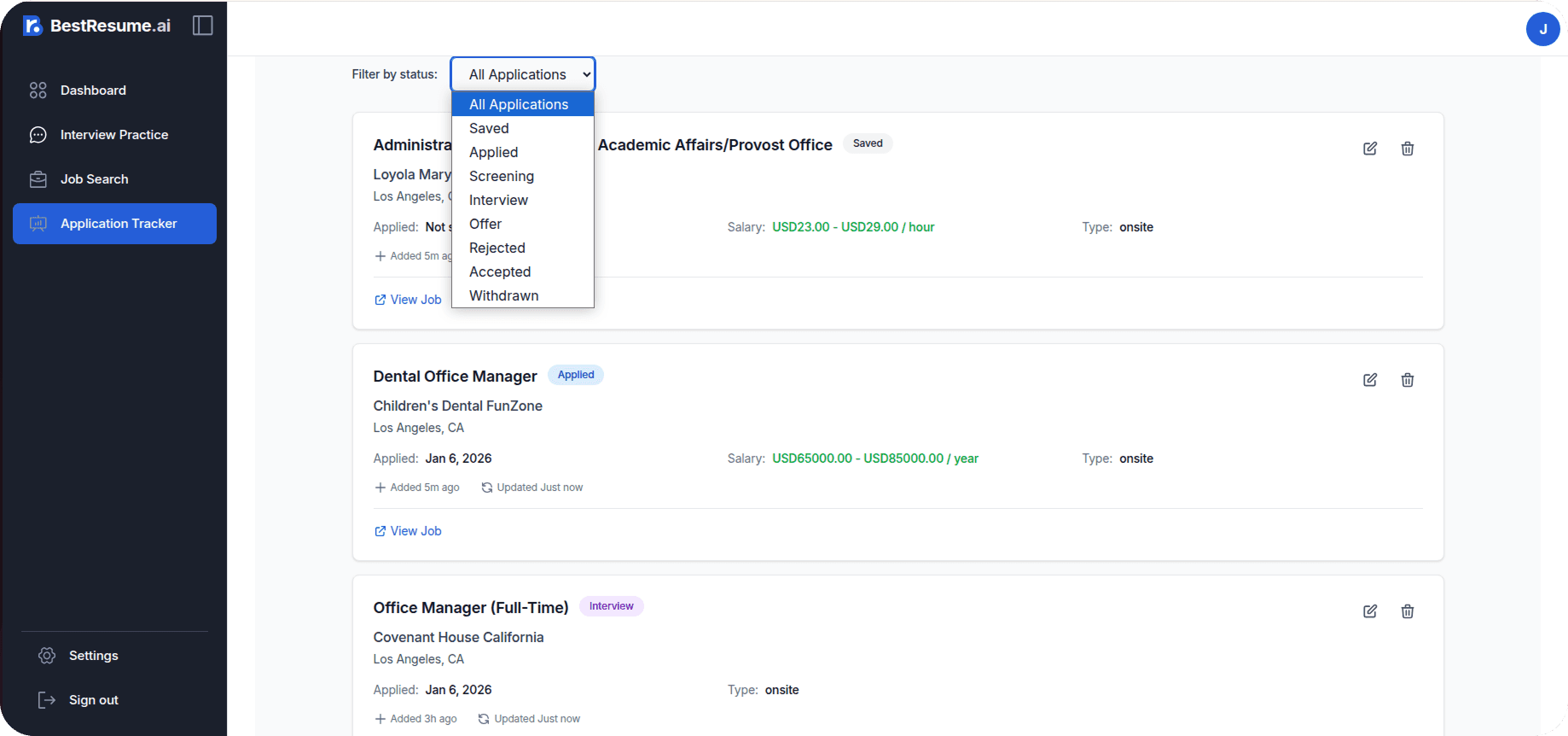 Application tracking dashboard